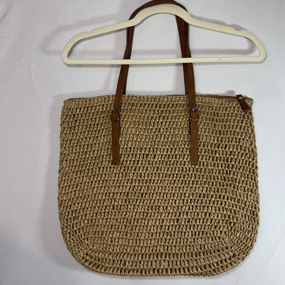 Ellos Zip Top Straw Bag w/Adjustable Straps, Natural Woven Tan Tote Bag - Picture 6 of 7